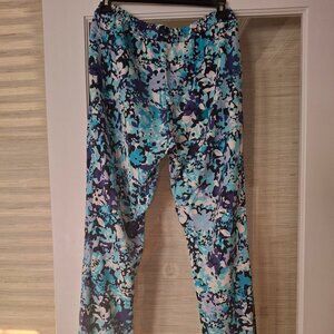Blue Floral Stretch-Gathered Silk-like Pants